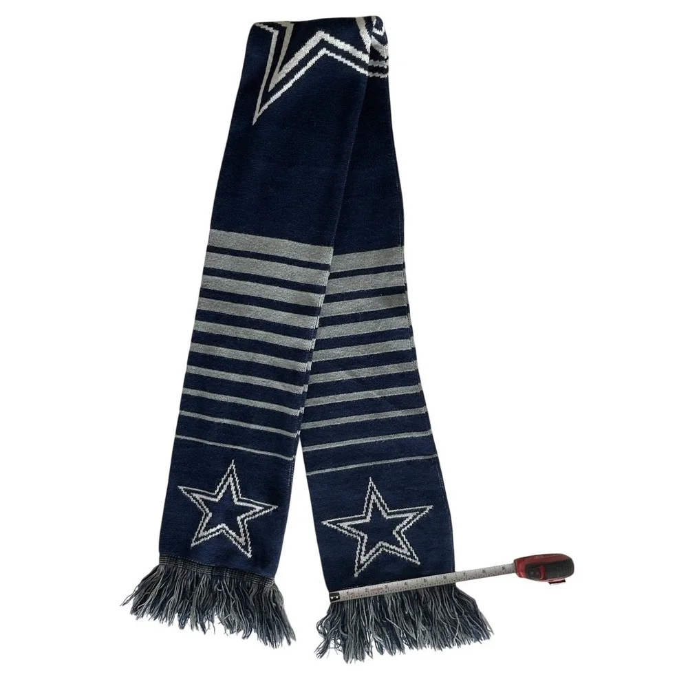 NFL‎ Dallas Cowboys Knit Scarf Navy Blue Silver Striped Star Fringe Fan Gear